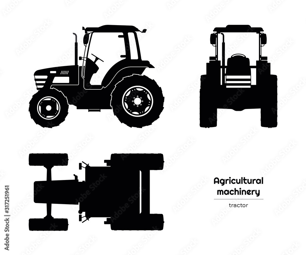 Black silhouette of tractor. Side, front and top view of agriculture