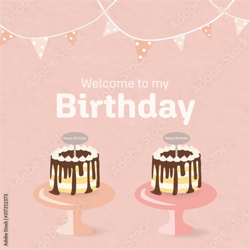 sweet two cakes on stand yummy chocolate with wording space invitation welcome card flag decoration party concept vector put on paper background banner kawaii food cute bakery product lover