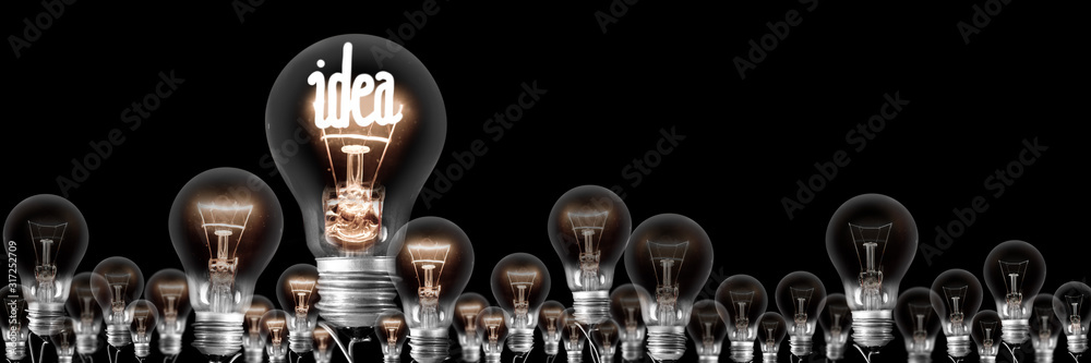 Dark and Shining Light Bulbs with Idea Concept - obrazy, fototapety, plakaty 