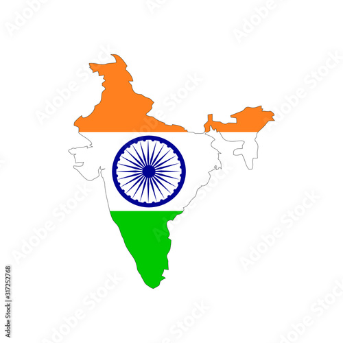 India map vector with flag, isolated on white background. Black map template, flat earth.  Simplified, generalized world map with round corners.