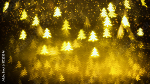 Golden glittering background with Christmas trees. Sparkle glitter texture with the bokeh and the lights, shiny metal gold foil © rustamank