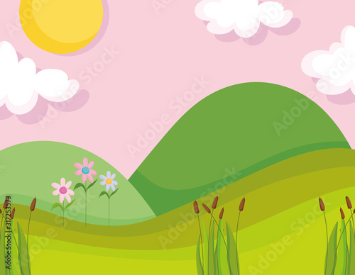 landscape nature clouds sun mountains flowers greenery