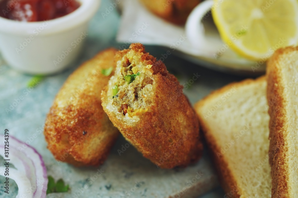 Bread Meat rolls - Deep fried snack with leftover breads, selective focus