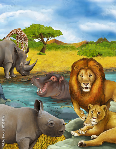 cartoon scene with rhinoceros rhino and hippopotamus hippo near river and lion