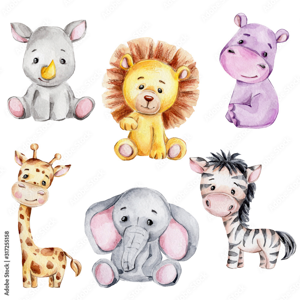 Set with cute cartoon giraffe, zebra, rhinoceros, elephant, hippopotamus  and lion; watercolor hand draw illustration; with white isolated background  Stock Illustration | Adobe Stock
