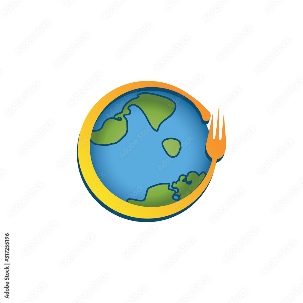 Food logo design template. Vector color hand like illustration background. Graphic fork icon symbol for cafe, restaurant, cooking business. Modern linear catering label, emblem, badge in circle