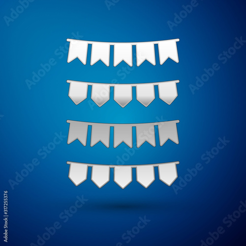 Silver Carnival garland with flags icon isolated on blue background. Party pennants for birthday celebration, festival and fair decoration. Vector Illustration