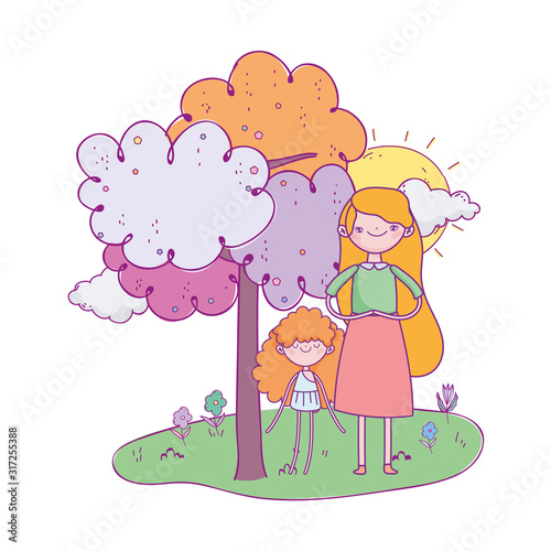 happy valentines day  cute girl and cupid with tree grass sunny day cartoon