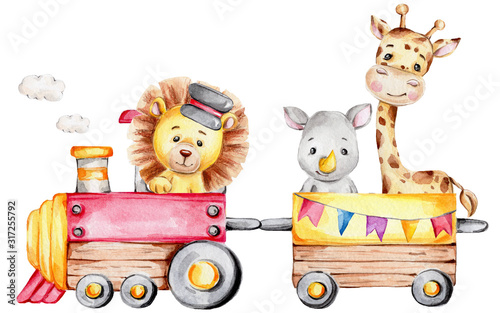 Cartoon train with driver lion and rhinoceros and giraffe; watercolor hand draw illustration; with white isolated background