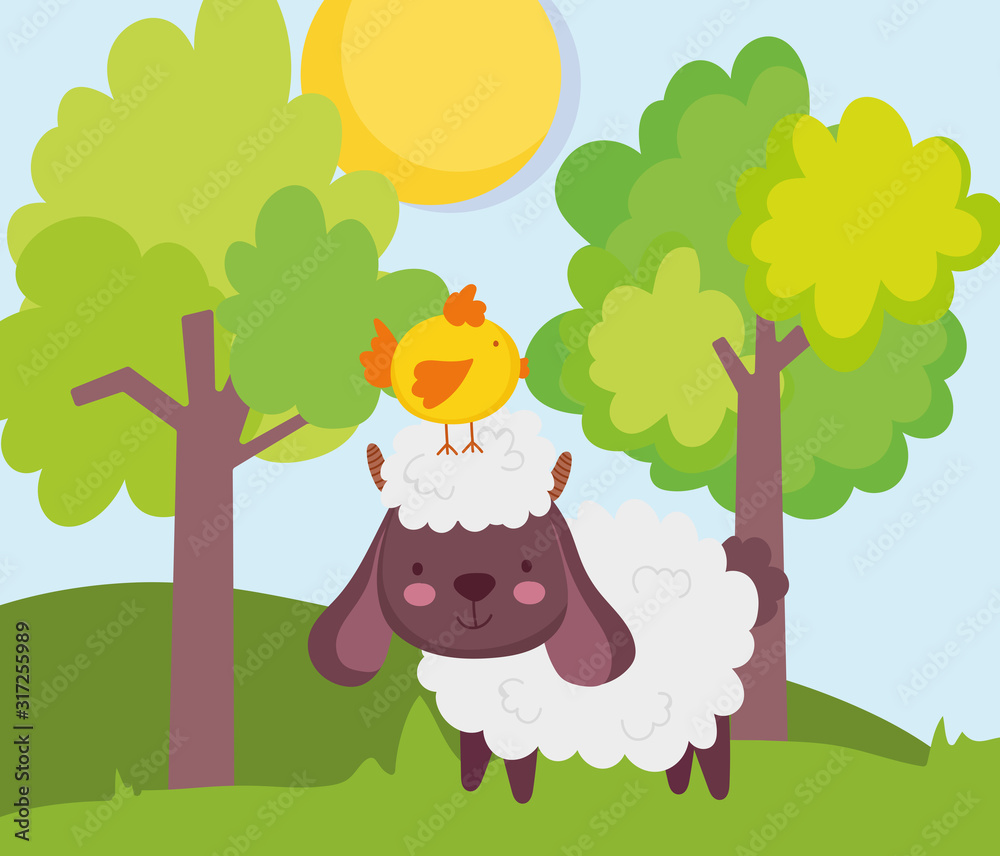 sheep with chick in head trees sun grass farm animal cartoon sheep with chick in head trees sun grass farm animal cartoon
