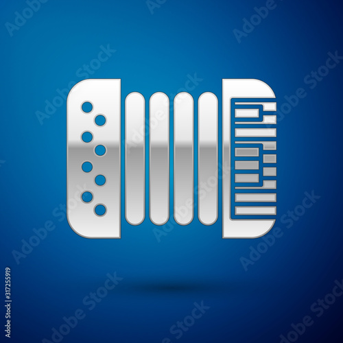 Silver Musical instrument accordion icon isolated on blue background. Classical bayan, harmonic. Vector Illustration