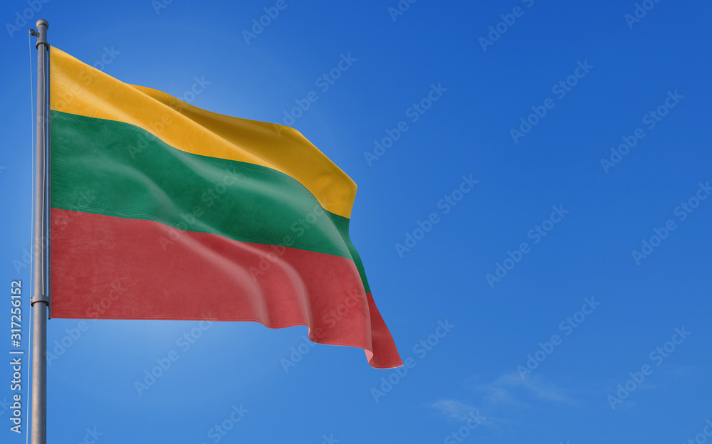 Lithuania flag waving in the wind against deep blue sky. National theme, international concept. Copy space for text. Lithuania flag waving in the wind against deep blue sky. National theme, international concept. Copy space for text.