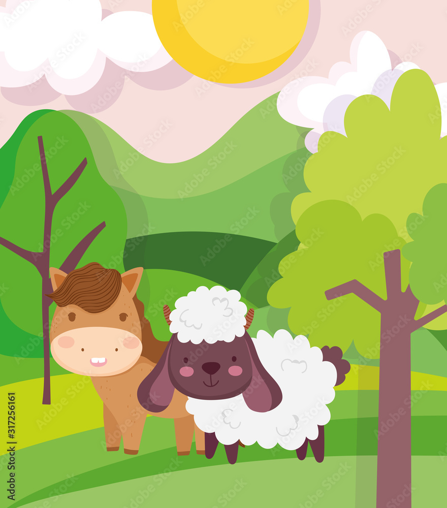 horse and sheep field trees sky sun clouds farm animal cartoon horse and sheep field trees sky sun clouds farm animal cartoon