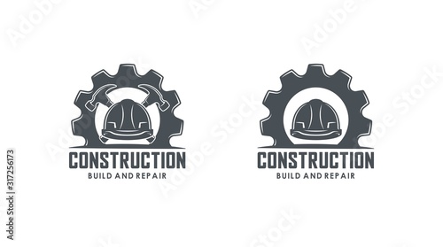 Set of black and white logos on a white background. Vector illustration of a helmet, crossed hammers and gear with text. Illustration advertising the services of a construction company.