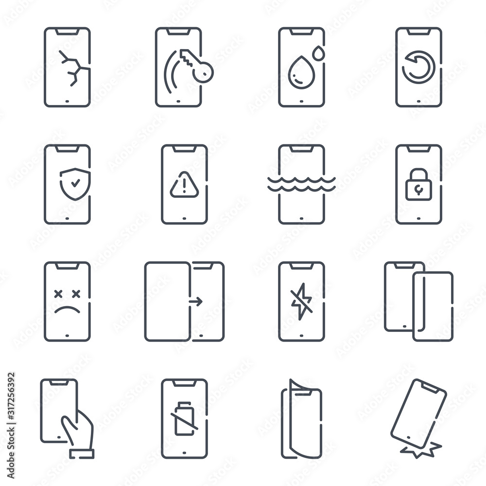 Mobile Phone Repair Related Line Icon Set Smartphone Protection Linear 