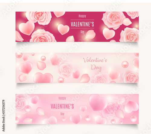 Vector set of three Valentines Day header designs. Wallpaper, flyers, voucher, banners.