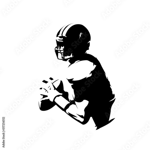 American football player holding ball, isolated vector silhouette, ink drawing photo