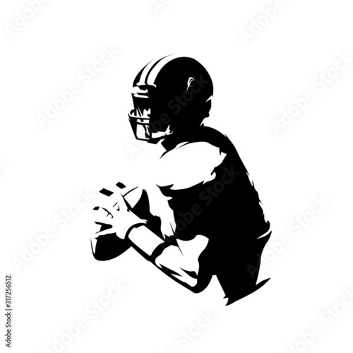 American football player holding ball, isolated vector silhouette, ink drawing