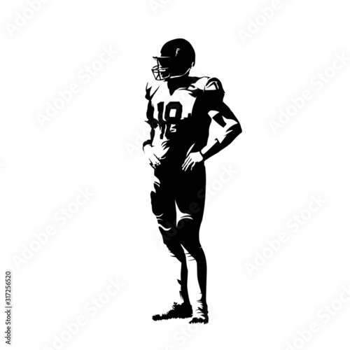 American football player standing with hands on hips, isolated vector silhouette. Ink drawing