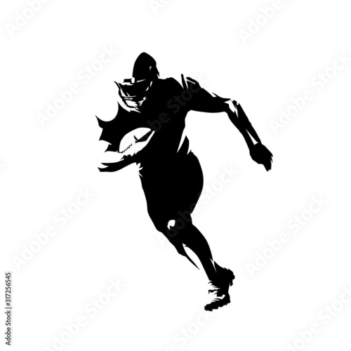 American football player running with ball, isolated vector silhouette. Front view, ink drawing