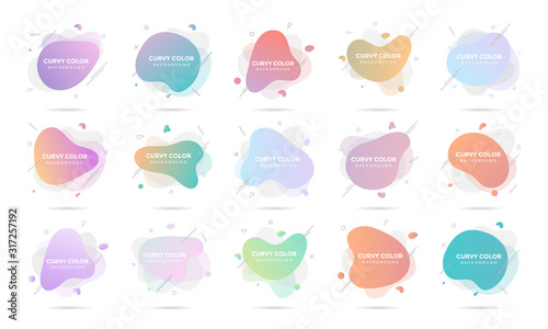 15 Modern liquid abstract element graphic gradient flat style design fluid pastel colors vector illustration set banner simple shape template for presentation, flyer, isolated on white background.