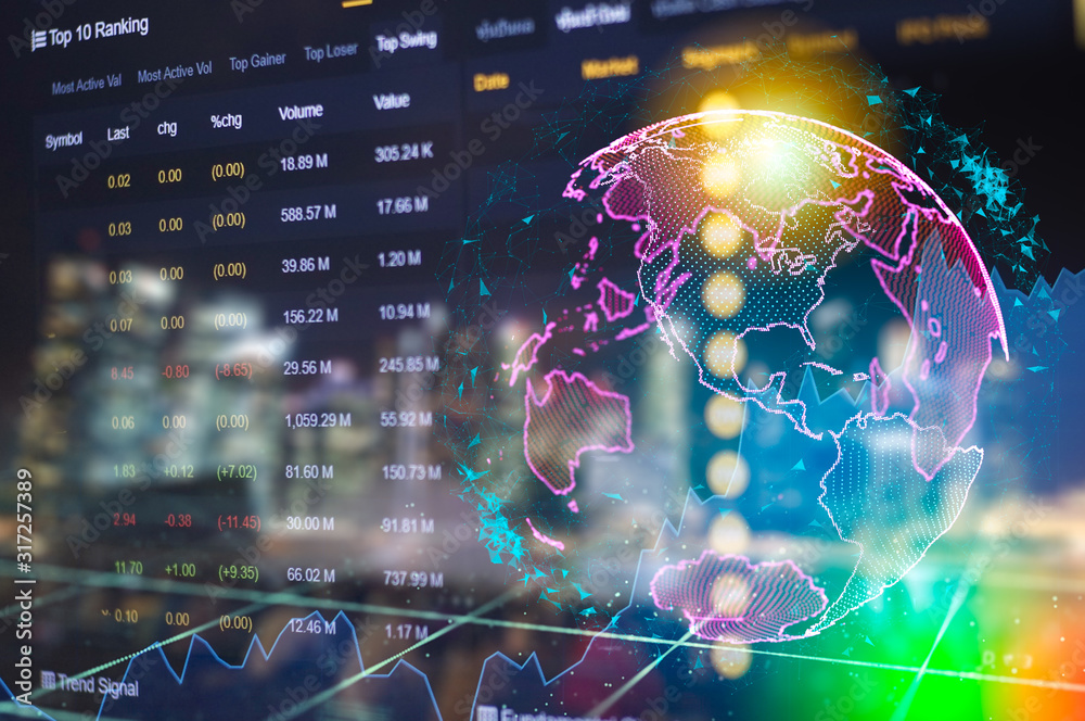 Stock market digital graph chart on LED display concept. A large display of daily stock market price and quotation. Indicator financial forex trade education background.