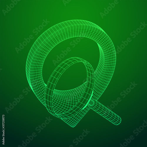 Location pin geo mark icon for travel with magnifying glass. Search path navigator concept. Wireframe low poly mesh vector illustration