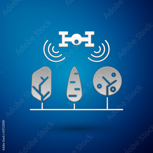 Silver Smart farm with drone control and tree icon isolated on blue background. Innovation technology for agricultural company. Vector Illustration