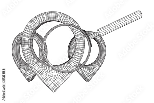 Location pin geo mark icon for travel with magnifying glass. Search path navigator concept. Wireframe low poly mesh vector illustration