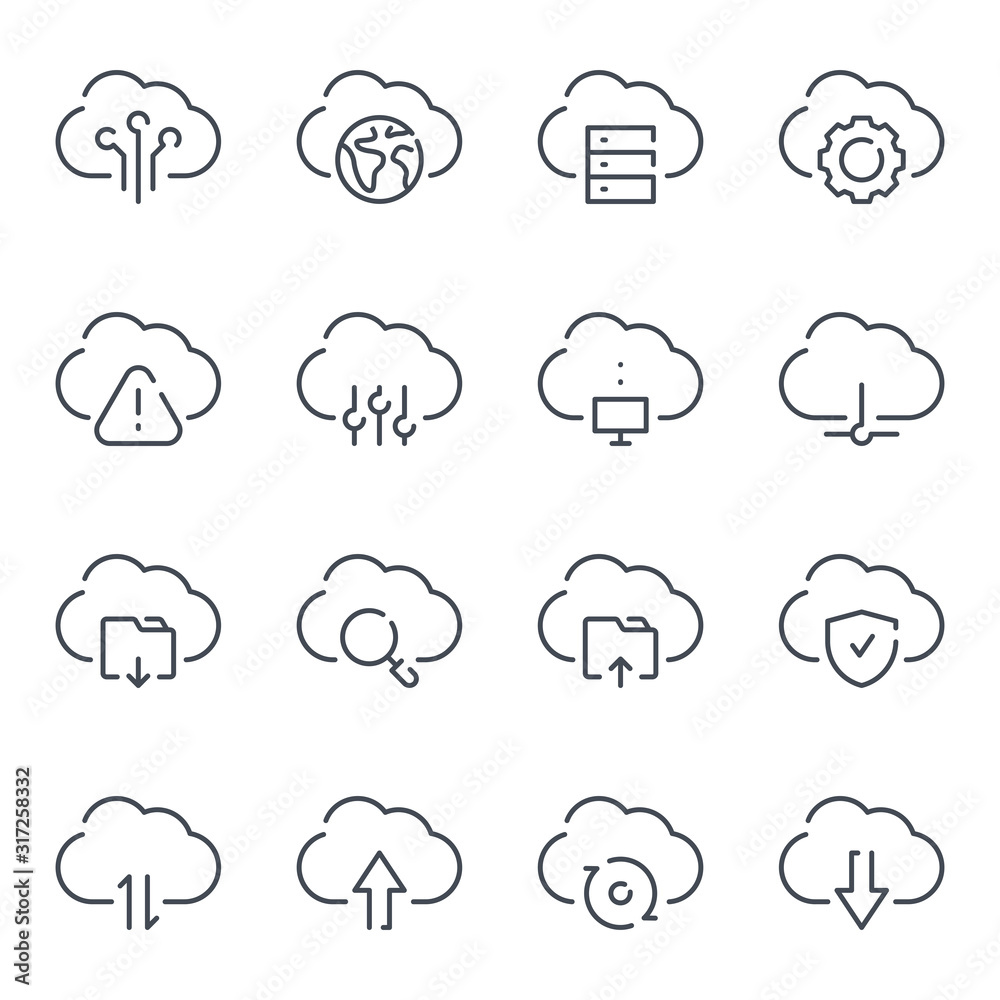 Cloud service and technology line icons. Cloud network and data vector linear icon set.