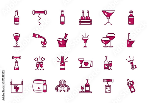wine celebration drink beverage party event icons collection line and filled