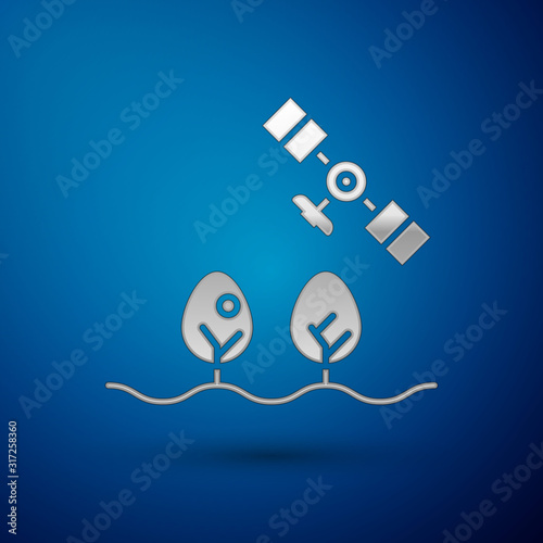 Silver Smart farm with drone control and tree icon isolated on blue background. Innovation technology for agricultural company. Vector Illustration