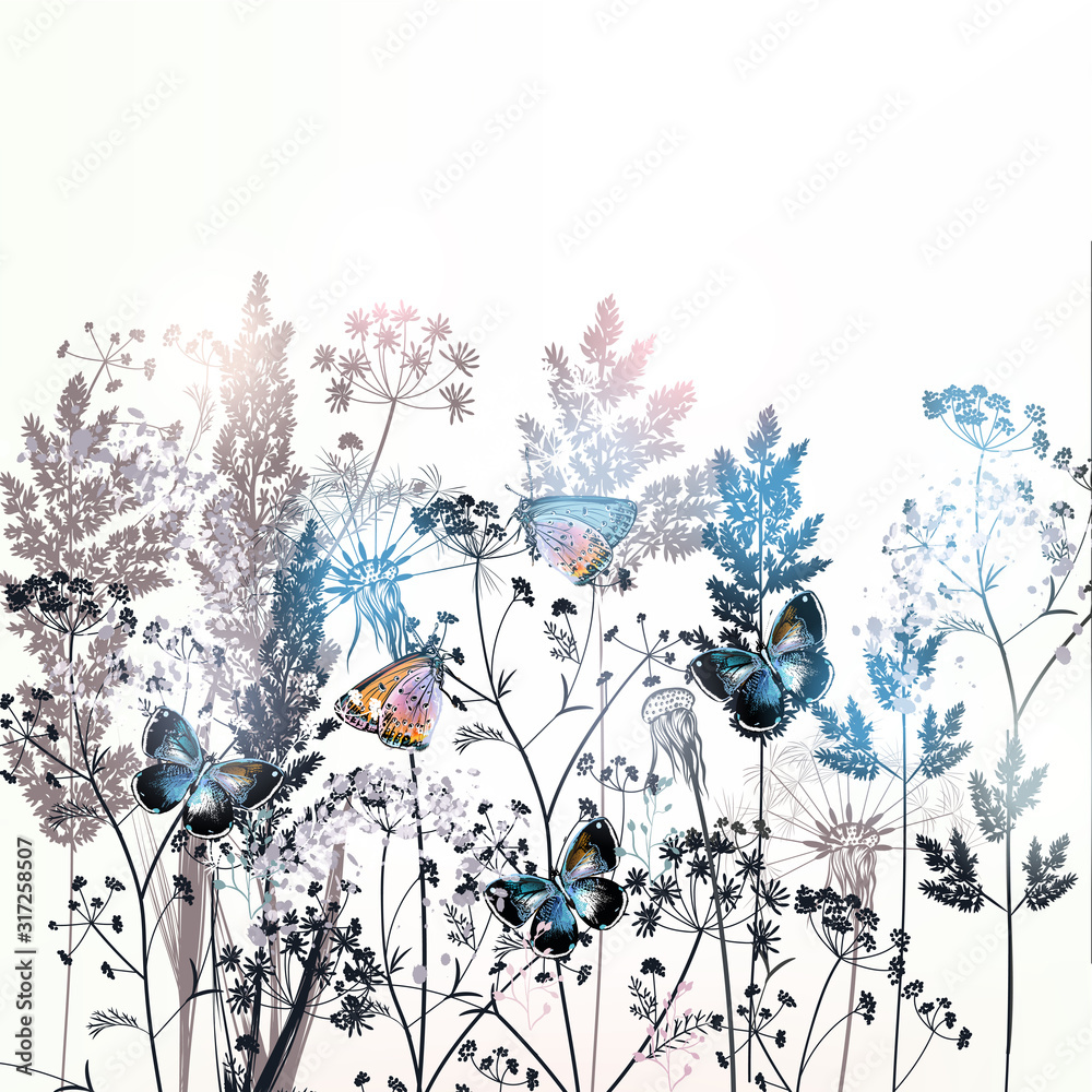 Fototapeta Piękny wektor pola kwiaty ilustracja z roślin, kwiatów i motyli