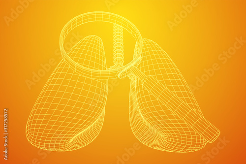 Lungs with trachea bronchi internal organ human with magnifying glass. Pulmonology medicine science analysis concept. Wireframe low poly mesh vector illustration