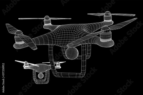 Remote control air drone. Dron flying with action video camera. Wireframe low poly mesh vector illustration