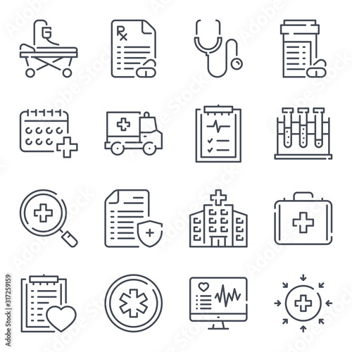 Medical care related line icon set. Medicine, hospital and medical service linear vector icons.