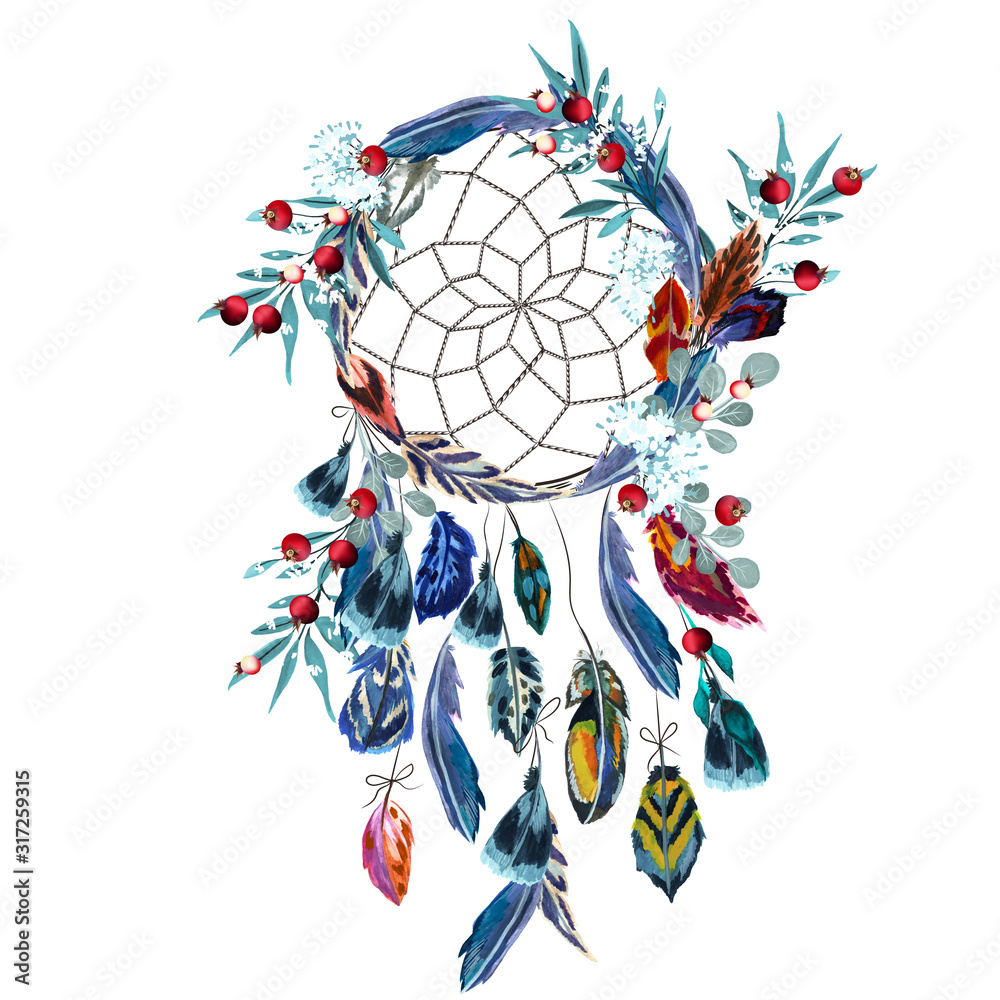 Obraz Ilustracja moda wektor Boho z łapaczem snów, kolorowymi piórami, liśćmi i jagodami