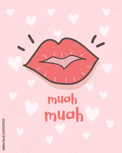 Happy Valentine's Day greeting card with lipstick Kisses, Valentines Day background with lips and Muah Phrases, Valentine card and poster photo