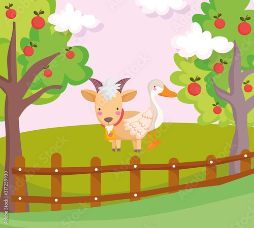 goose and goat wooden fence fruits trees farm animal cartoon © Stockgiu