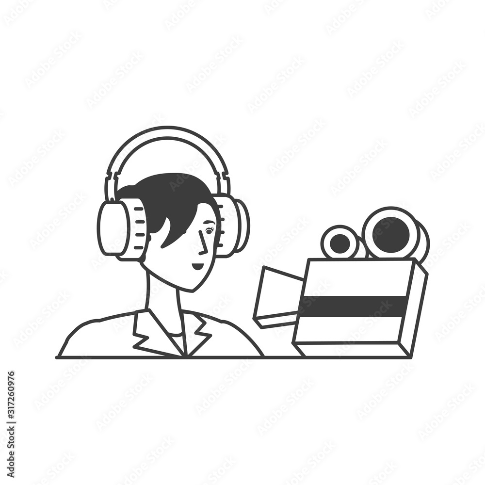 cute young woman with earphones and video camera cute young woman with earphones and video camera