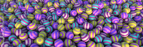 3D rendering of photorealistic colored spheres with stripes. Conceptual design background. Beautiful abstract illustration