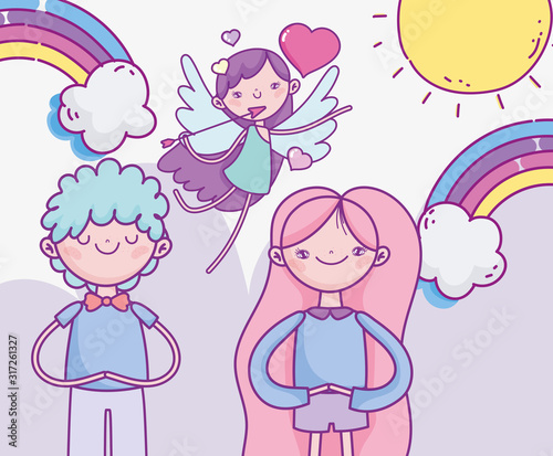 happy valentines day  cute couple and flying cupid with arrow hearts rainbow love