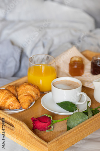 Breakfast on the bed. Good morning concept.