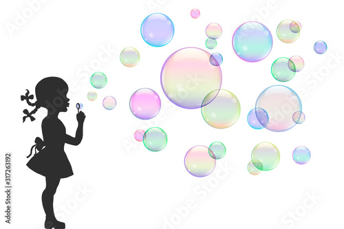 Girl with colorful bubbles. Vector illustration.