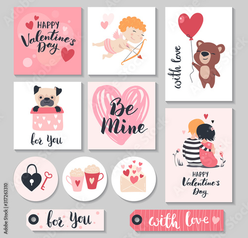 Valentine day gift tags with cute cupid, couple and hearts. Vector illustration.