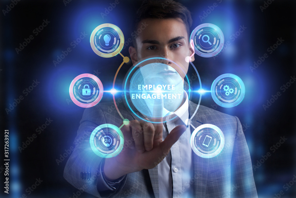 Obraz premium Business, Technology, Internet and network concept. Young businessman working on a virtual screen of the future and sees the inscription: