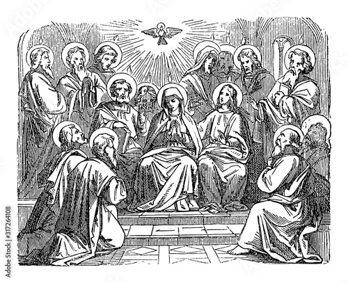 Antique vintage biblical religious engraving or drawing of choosing disciple Matthias as Judas successor as apostle. Bible, New Testament,Acts 1. Biblische Geschichte , Germany 1859.