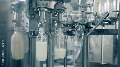 Bottling plant equipmnet. Revolving conveyor is filling and relocating milk bottles