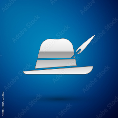 Silver Oktoberfest hat icon isolated on blue background. Hunter hat with feather. German hat. Vector Illustration