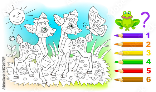 Fototapeta Math education for children. Coloring book. Mathematical exercises on addition and subtraction. Solve examples and paint the deer. Developing counting skills. Printable worksheet for kids textbook.